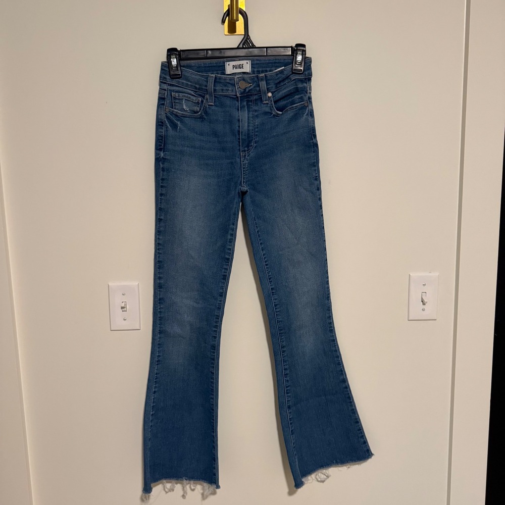 PAIGE High Rise Flare Jeans Medium Wash Raw Hem Distressed Size 25 Blue Denim